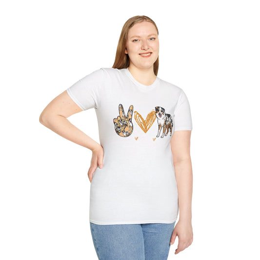 Peace Love Aussie Shirt - Australian Shepherd Owner T-Shirt - Dog Mom Apparel - Pet Lover Clothing - Woman Clothing - Dog Lover Tee